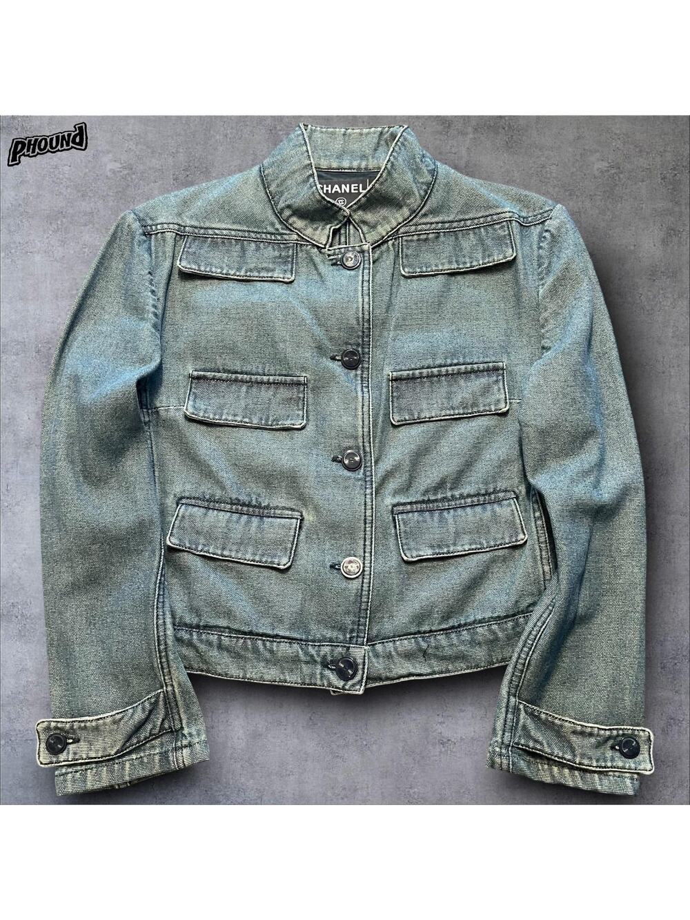 Chanel Jacket Womens Blue Denim Button Front Mandarin Collar Utility Pockets